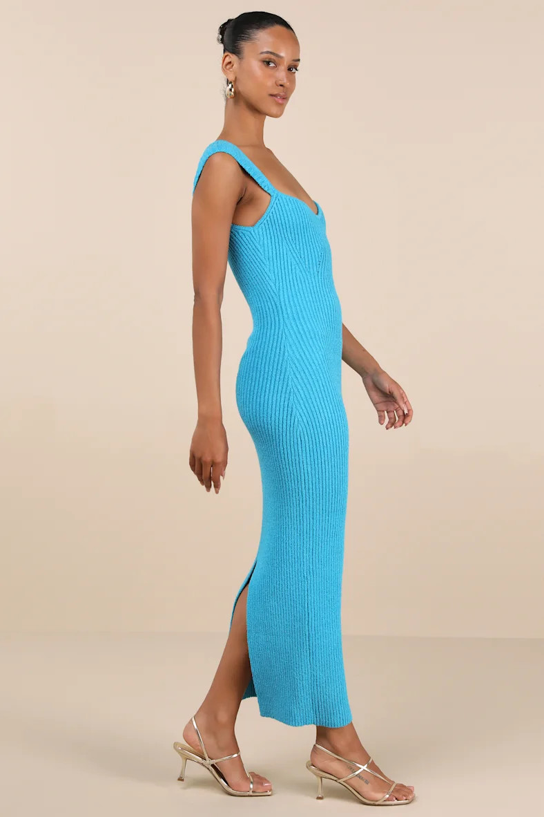Chiara Turquoise Ribbed Knit Cap Sleeve Midi Dress | Lulus