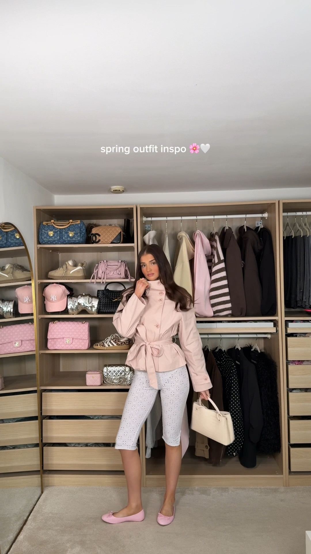 Outfit inspo, outfit inspiration, spring outfits, spring fashion, pink trench, trench coat, spring jacket, white capris, capri pants, ballet flats, pink ballet flats, woven bag, cream bag 

#LTKeurope #LTKspring
