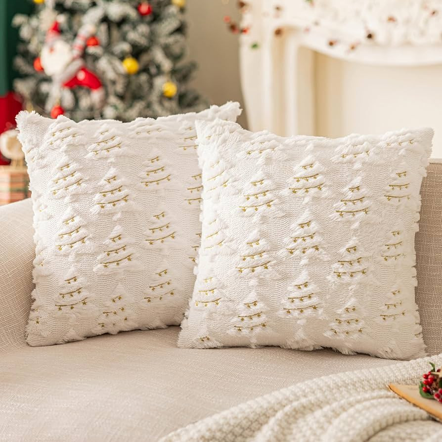 White 18"x18" Christmas Tree Throw Pillow Covers with Light Strip Shaped for Farmhouse Home Faux ... | Amazon (US)