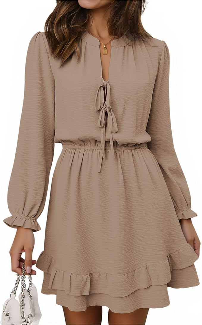 Angashion Womens Tie Front Mini Dress: V Neck Long Sleeve Layer Ruffle Hem Dress with Pockets | Amazon (US)