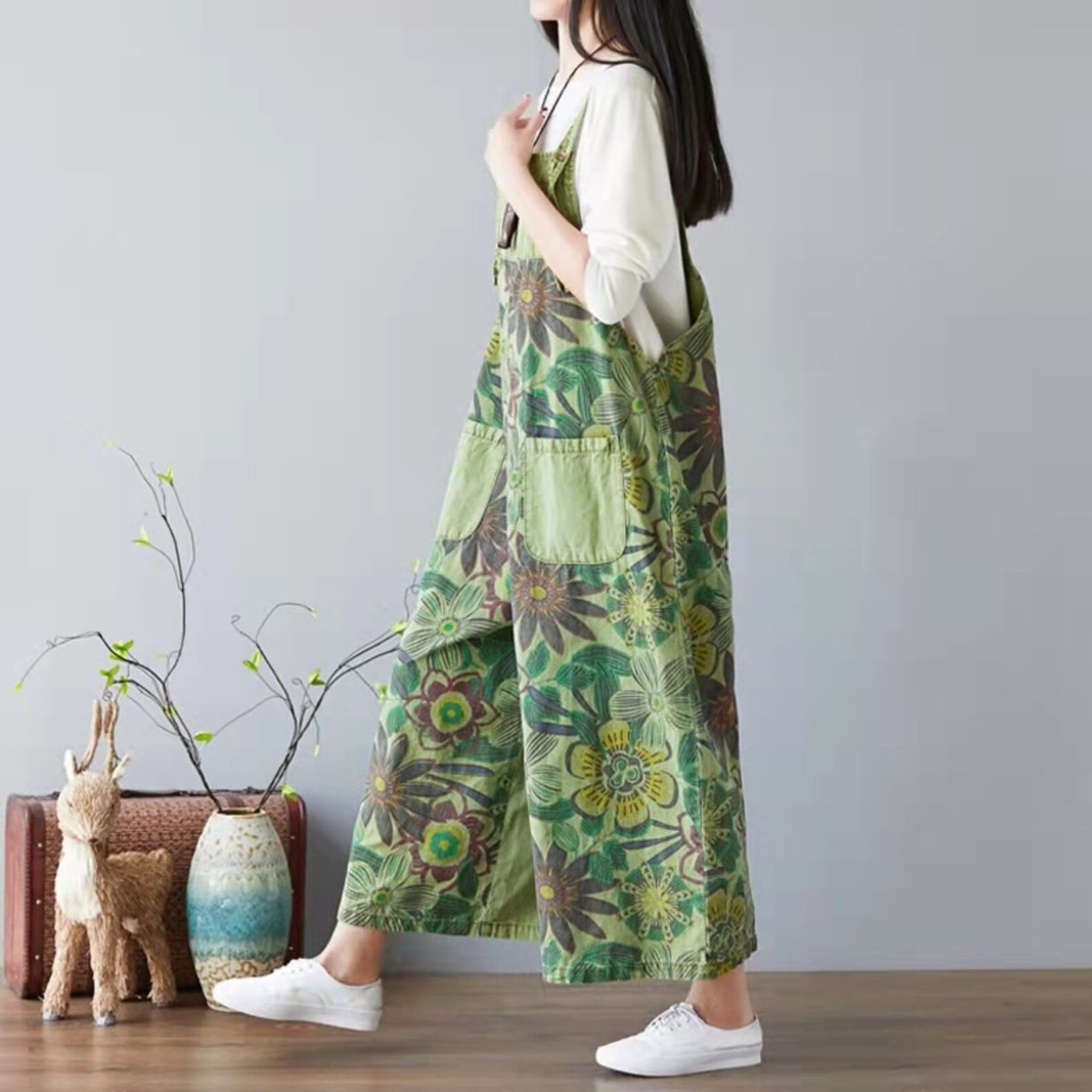 Women Vintage Print Denim Overalls, Cotton Jumpsuits Wide Leg Bib Loose, Cotton Overalls Plus Siz... | Etsy (US)