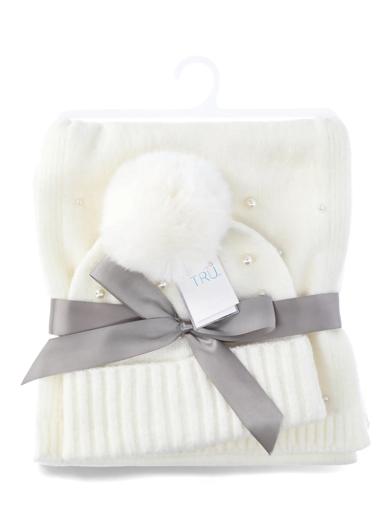 Time and Tru Women's Faux Pearl Accent Beanie and Winter Scarf 2-Piece Gift Set, Ivory | Walmart (US)