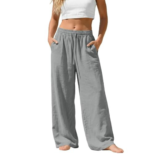 Palazzo Linen Pants for Women, 2026 Summer Casual Loose Lightweight Gauze Slacks Comfy Elastic High Waist Drawstring Wide Leg Lounge Pant Trousers with Pockets Beach Vacation Outfits(B-Gray,X-Large) | Amazon (US)