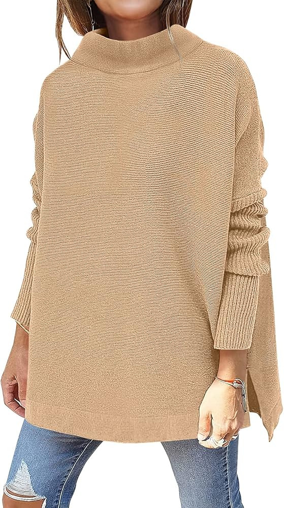 ANRABESS Women's Turtleneck Oversized Long Batwing Sleeve High Low Spilt Hem Knit Pullover Sweate... | Amazon (US)