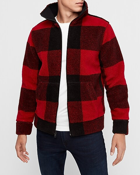 plaid sherpa full zip sweatshirt | Express