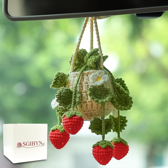 Crochet Hanging Plant for Car,Car Decorations Interior,Plant Strawberry Aesthetic Car Accessories... | Amazon (US)