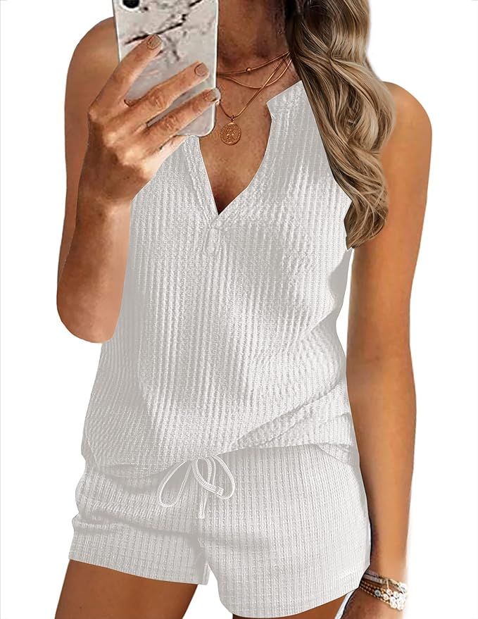 Ekouaer Pajamas Tank Top Lounge Sets Waffle Knit V Neck Sleeveless Outfits Sets Sleepwear Loungew... | Amazon (US)