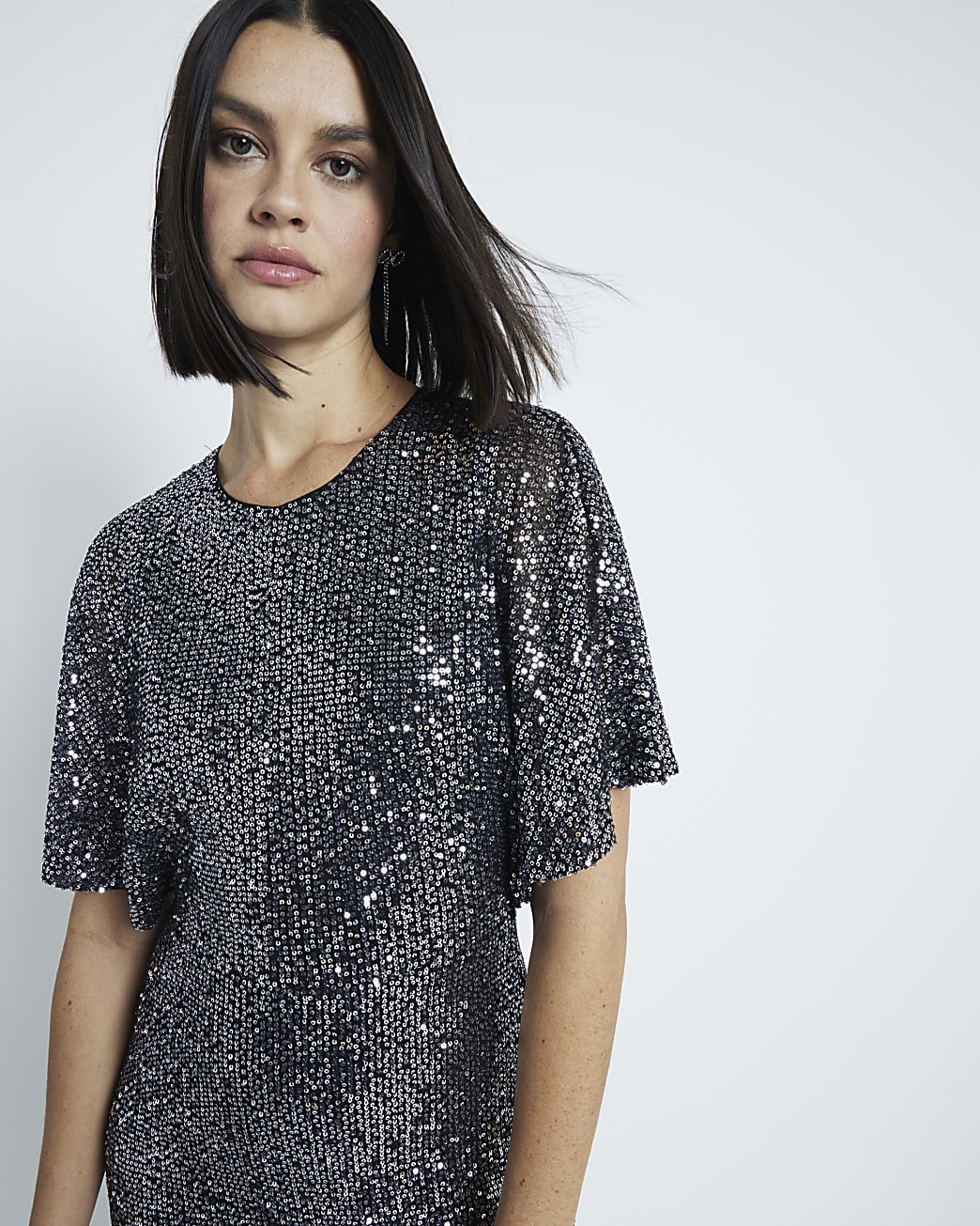 Silver Fluted Sleeve Sequin Mini Dress | River Island UK & IE