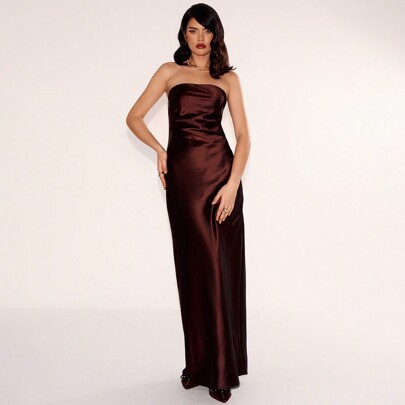 Satin Column Fit Bandeau Maxi Dress Christmas Party New Years Outfit Winter | SHEIN