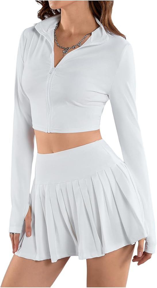 SOLY HUX Women's Skirt Sets 2 Piece Outfits Long Sleeve Crop Top with Pleated Mini Skirt Set Part... | Amazon (US)