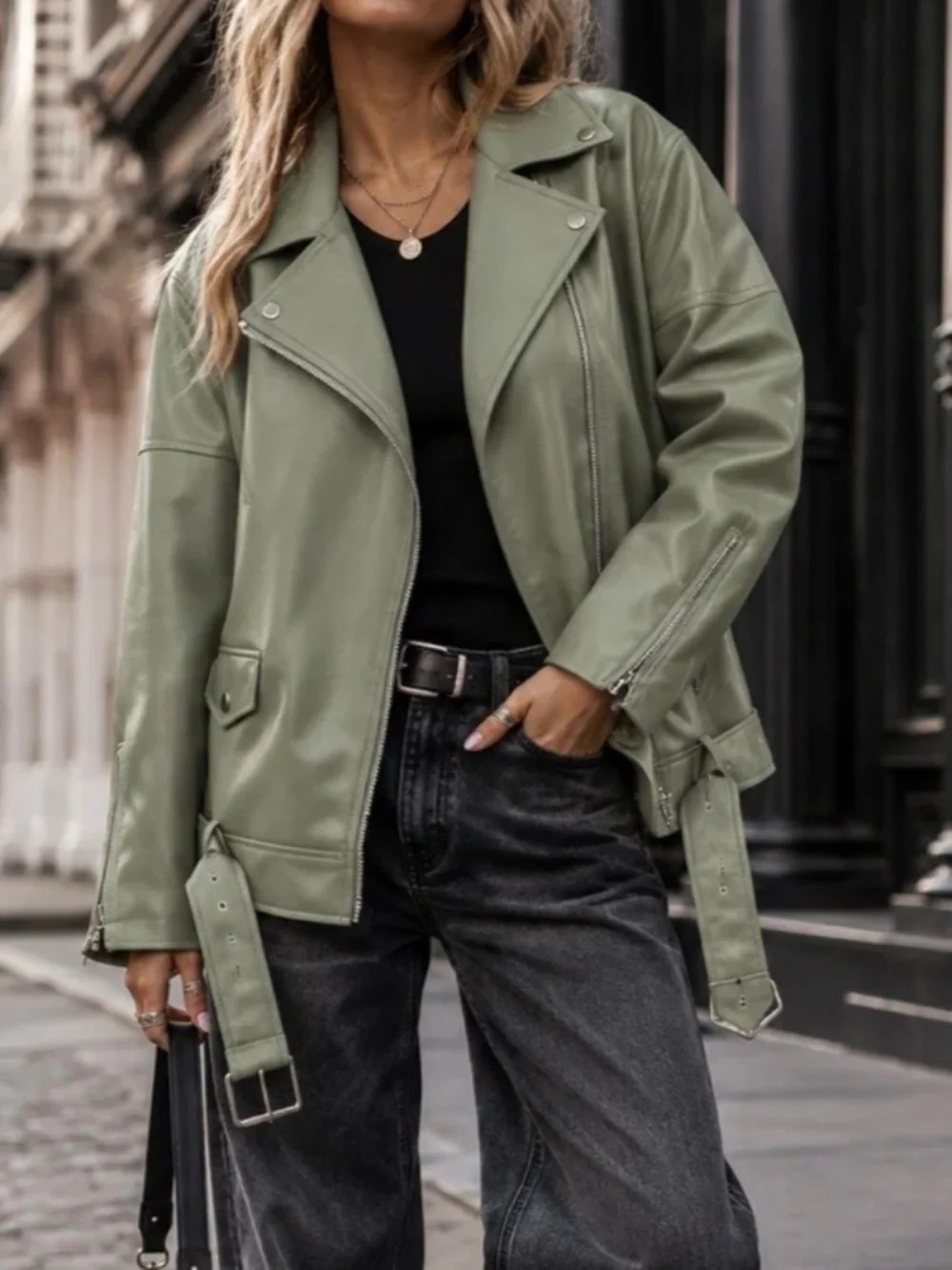 OLIVE GREEN ZIP UP FAUX LEATHER JACKET SIZE M/L - NWOT | Poshmark