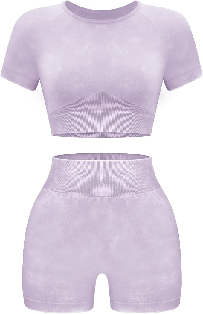 OLCHEE Womens Workout Sets 2 Piece - Seamless Acid Wash Yoga Outfits Shorts and Crop Top Matching... | Amazon (US)