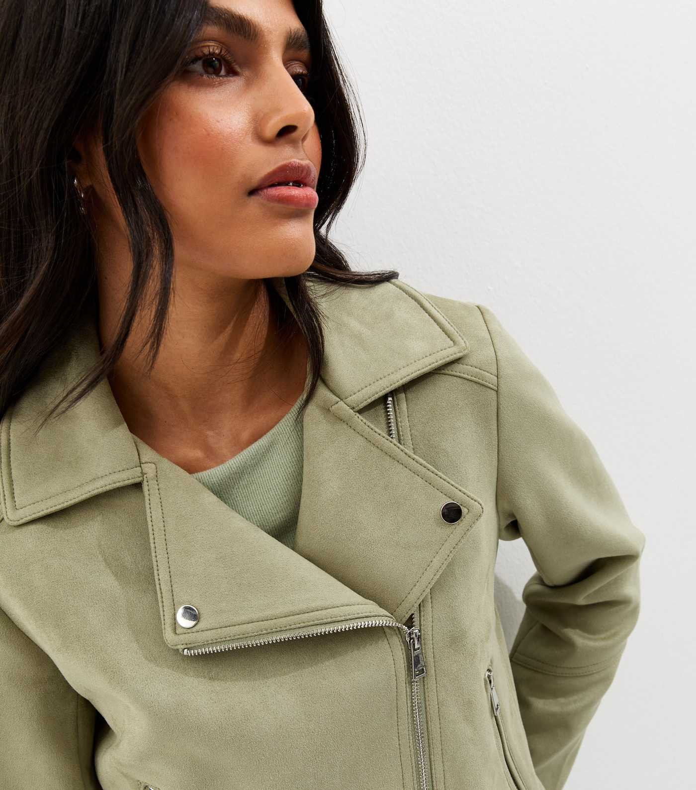 Light Khaki Faux Suede Biker Jacket | New Look | New Look (UK)