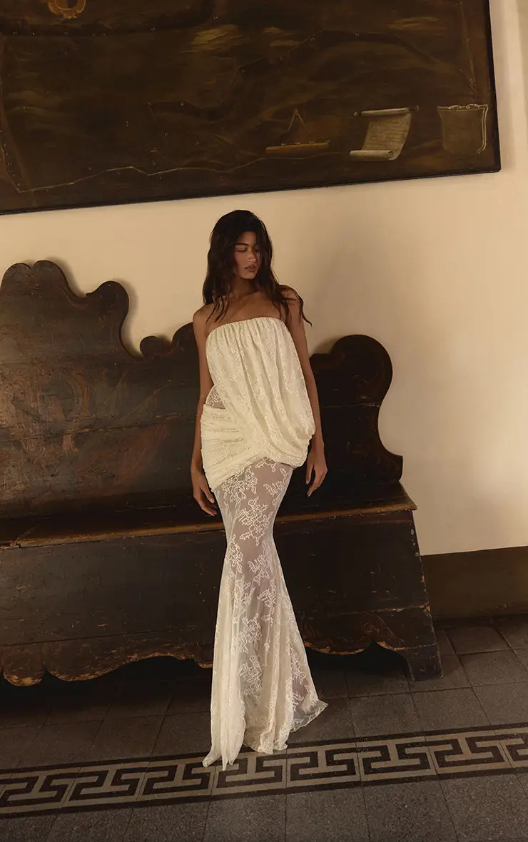 PLT Label Cream Lace Asymmetrical Drape Godet Fishtail Bandeau Maxi Dress | PrettyLittleThing US