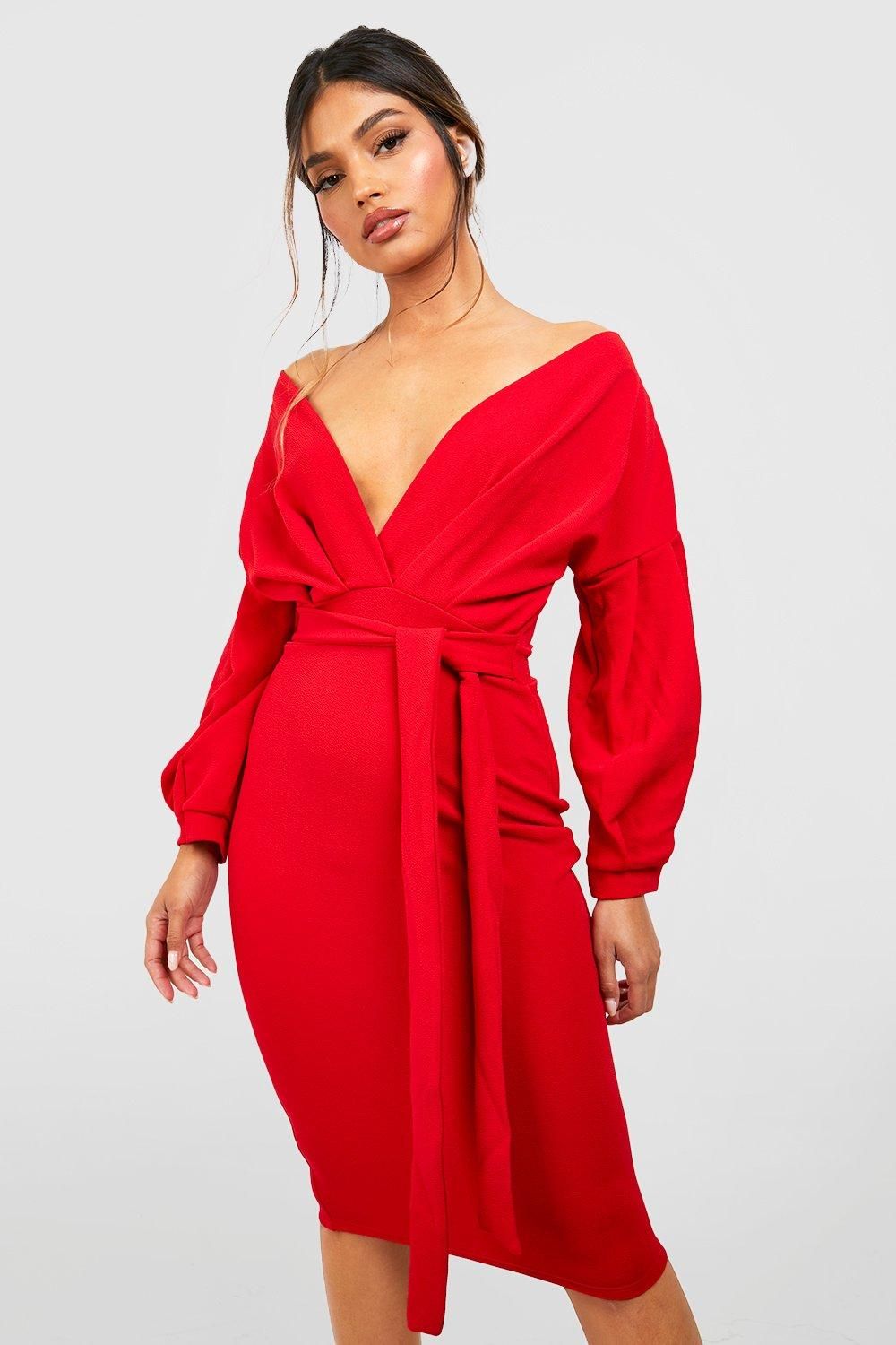 Off The Shoulder Wrap Midi Bodycon Dress | Boohoo.com (US & CA)