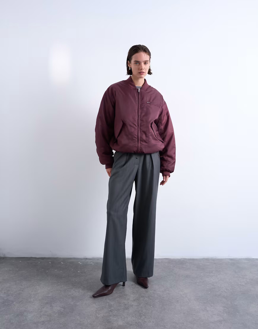 Topshop oversized nylon bomber jacket in burgundy-Red | ASOS (Global)