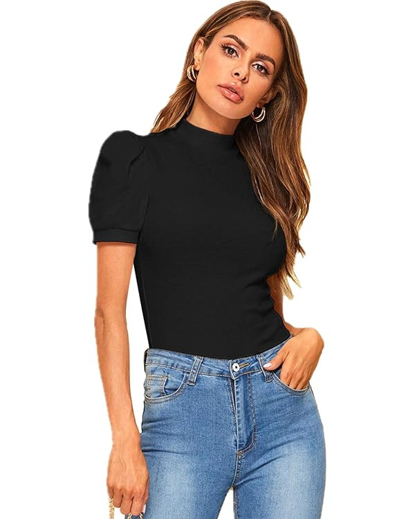 Floerns Women's Solid Tee Mock Neck Short Puff Sleeve Tops Blouse | Amazon (US)