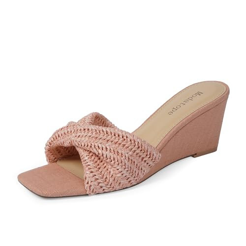 Modatope Wedge Sandals for Women Pink Braided Wedge Heels Women Open Toe Raffia Dressy Womens Sandal Size 6.5 | Amazon (US)