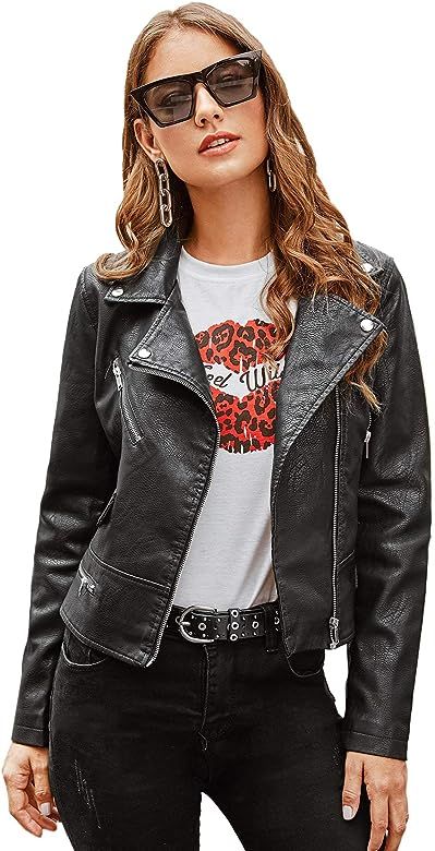 SheIn Women's Zipper Front Casual PU Leather Cropped Jacket Long Sleeve Bolero | Amazon (US)