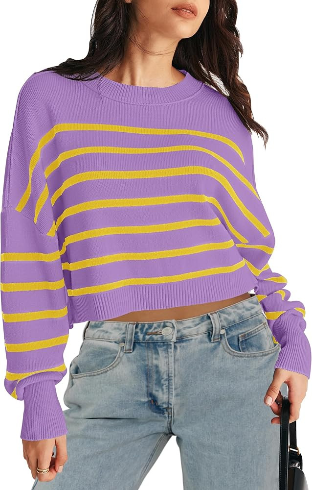 MEROKEETY Women's Long Sleeve Crew Neck Striped Crop Sweater Ribbed Knit Pullover Jumper Tops | Amazon (US)