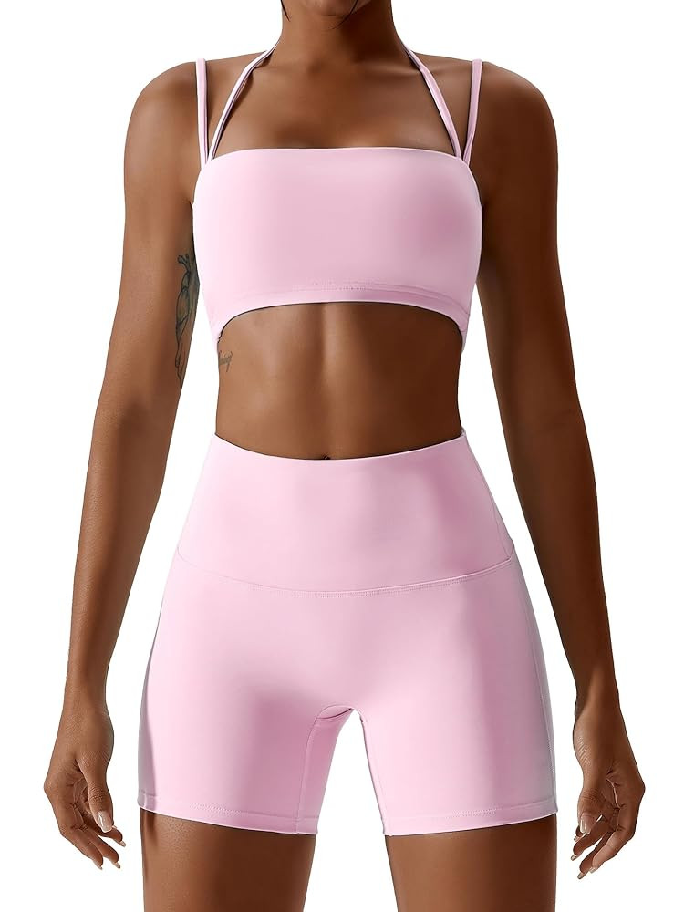 ABOCIW Workout Sets for Women 2 Piece Twist Front Halter Sports Bras High Waist Biker Shorts Exer... | Amazon (US)