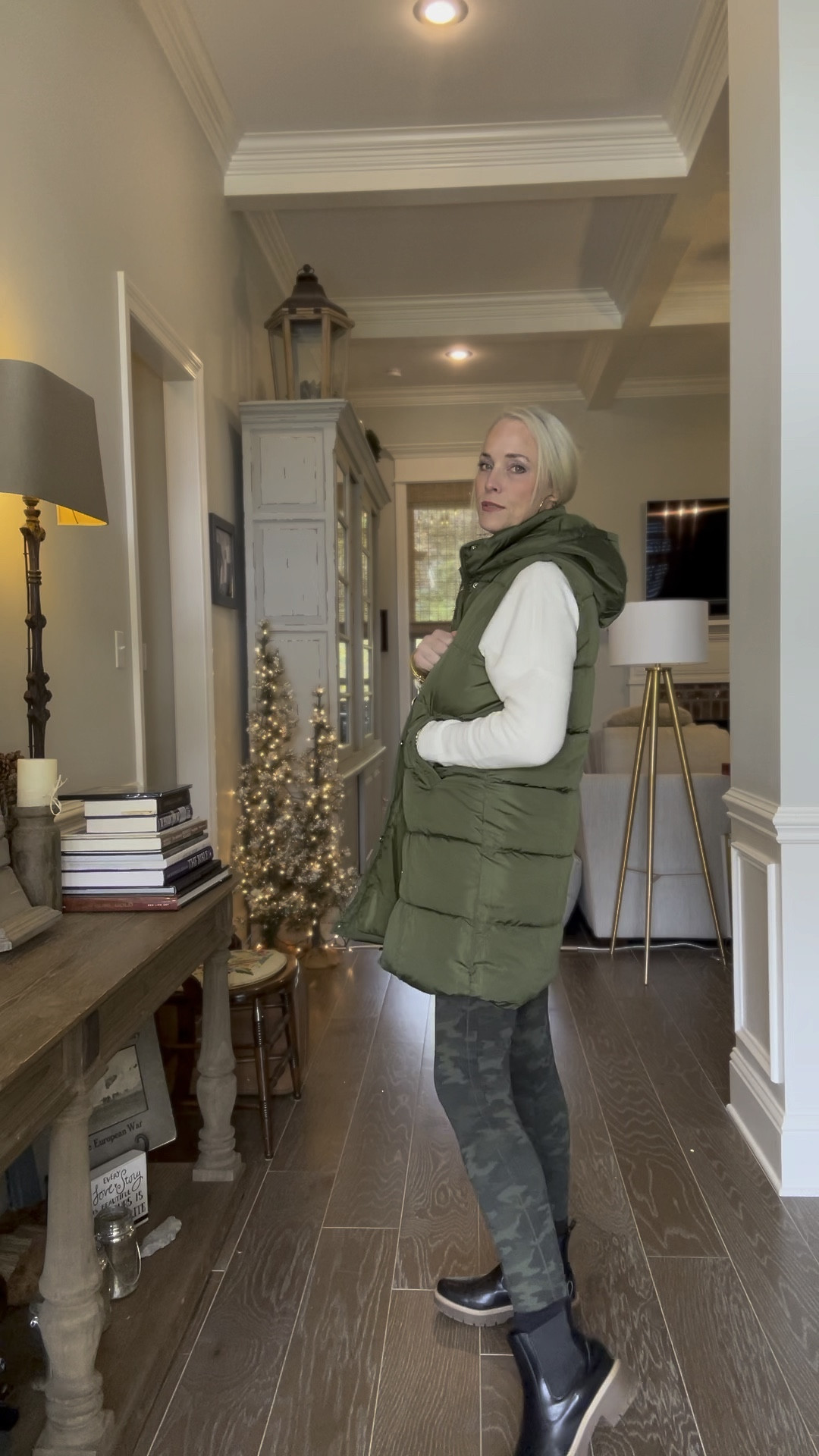 I love this soft and cozy look from Amazon and Spanx. I’m wearing the green camo leggings (still available on Amazon) but also own the black camo ones too. Those are also linked 

I am unable to link the Jennifer Ponson jewelry here but do have a discount code. Comment below for that link and info. 

As a reminder for reference, I am 53, 5’8, 140ish pounds and wearing a medium in the sweater and vest and a large in the leggings. If in between sizes on the leggings, I would go up one.

#LTKSeasonal #LTKover40 #LTKVideo