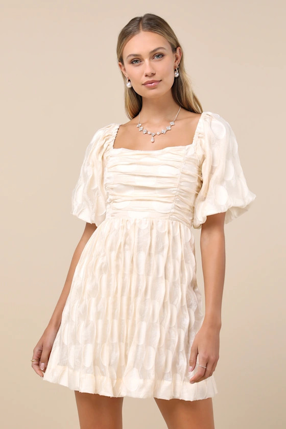 Cultivated Sweetness Cream Burnout Puff Sleeve Mini Dress | Lulus