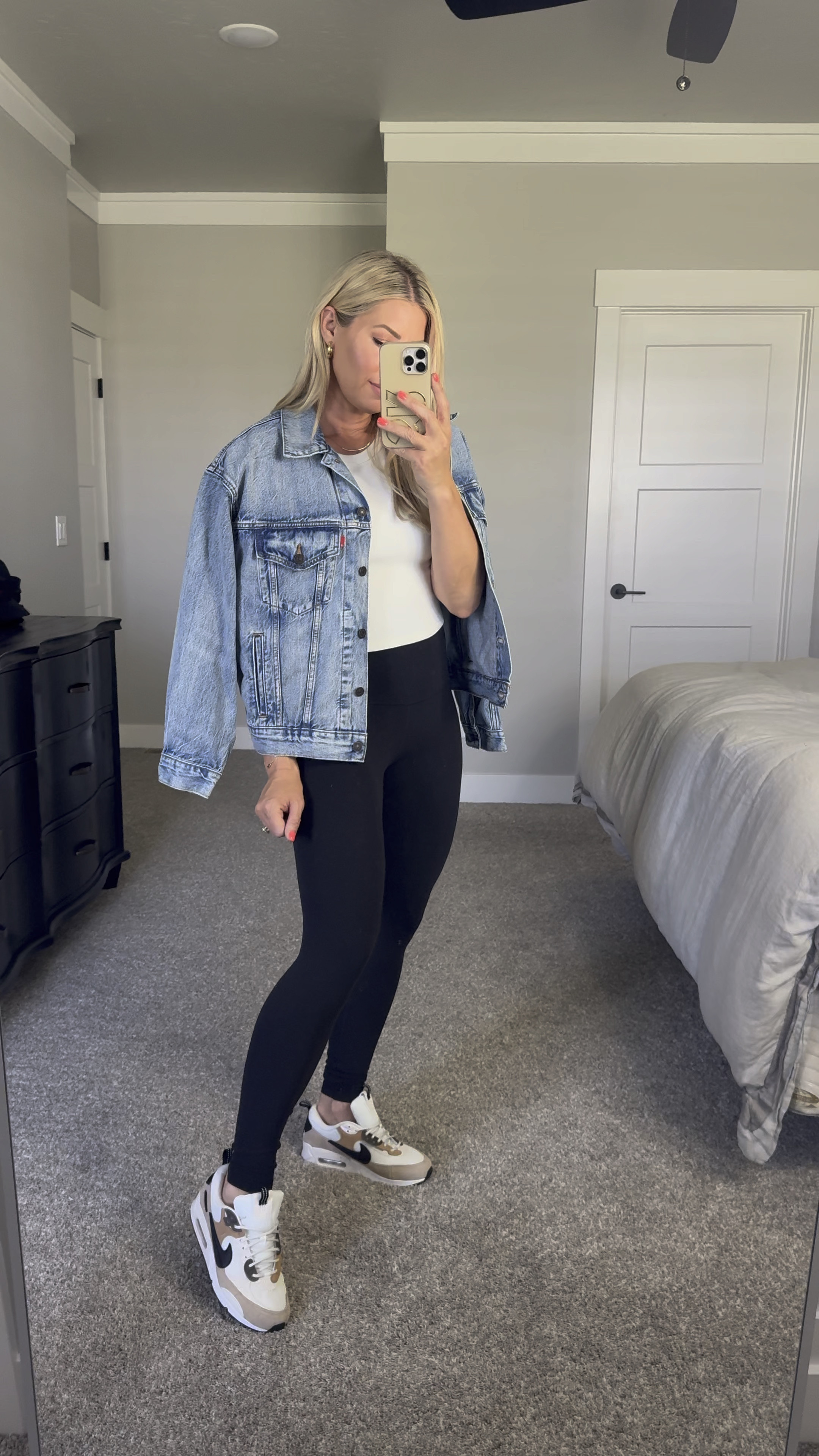 Denim trucker jacket - Levi’s 
Leggings 
Nike from the NSale 
Nordstrom Anniversary Sale 

#LTKxNSale #LTKStyleTip #LTKFindsUnder100