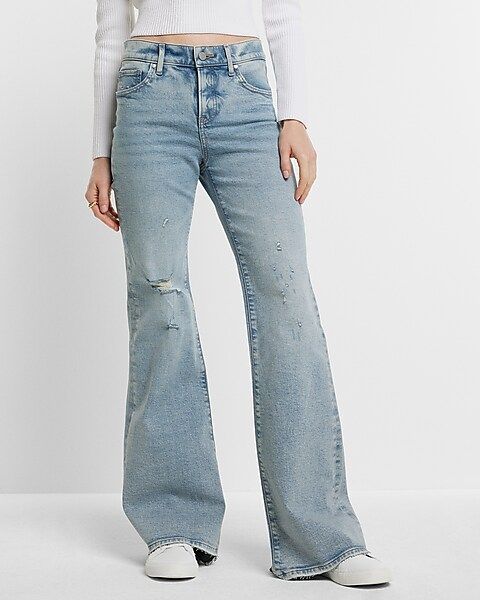 Mid Rise Light Wash Ripped 70s Flare Jeans | Express
