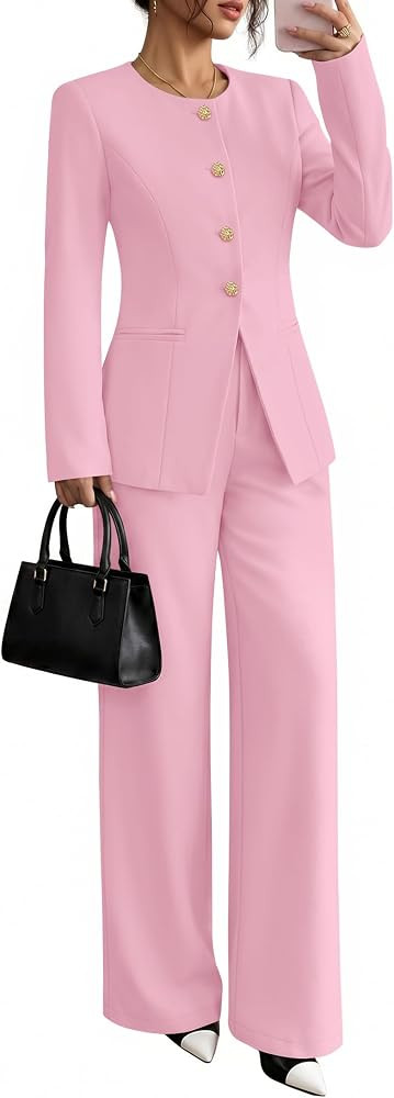 Long Sleeve Blazer Fitted Jacket Wide Leg Pant, Professional Work Office Pantsuits, Formal Set, S... | Amazon (US)