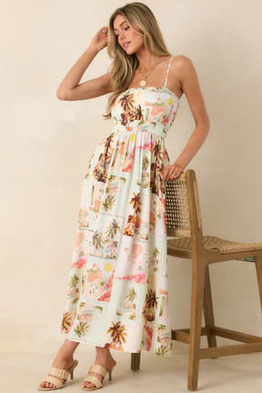 MINKPINK Dolce Multi Vintage Postcard Print Midi Sundress | Red Dress