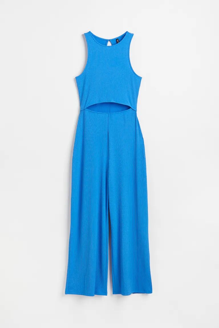 Sleeveless jumpsuit in ribbed jersey. Small opening at back of neck with button, cut-out section ... | H&M (US + CA)