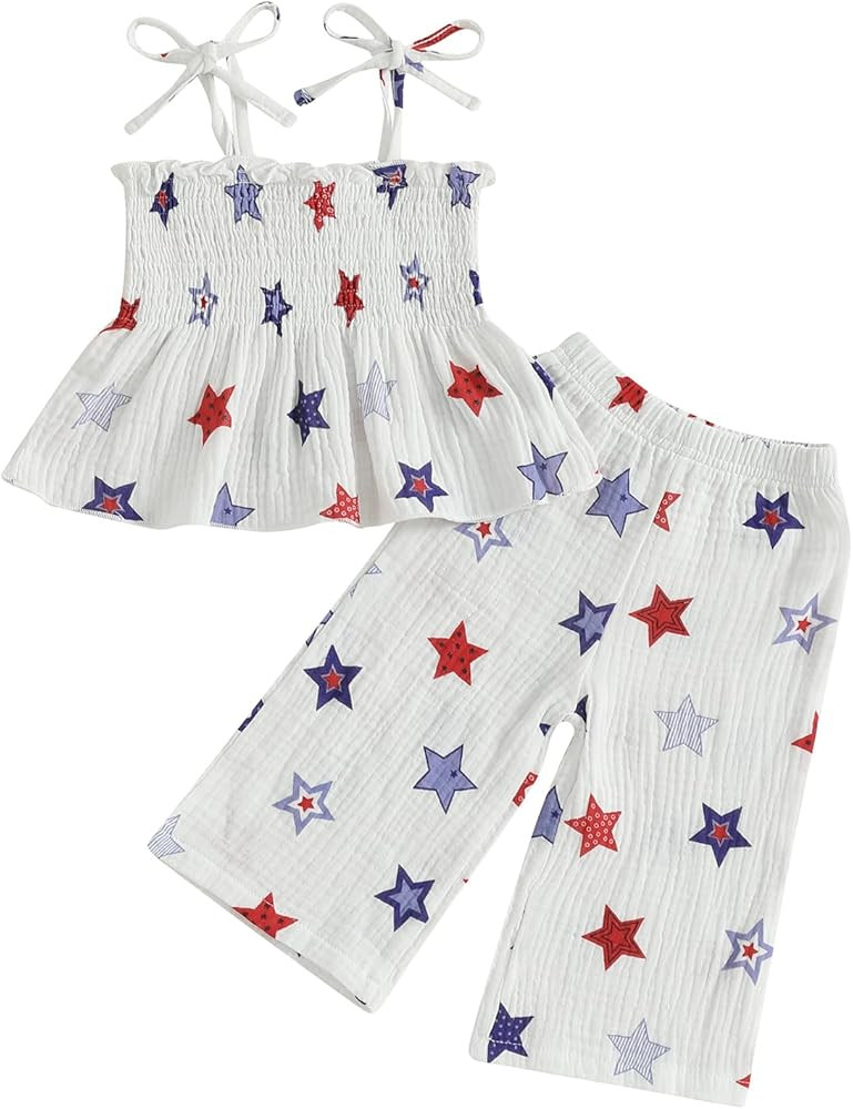 VISGOGO 4th of July Toddler Girl Outfits Smocked Strap Camisole Sleeveless Tops Pants Set Stars/P... | Amazon (US)