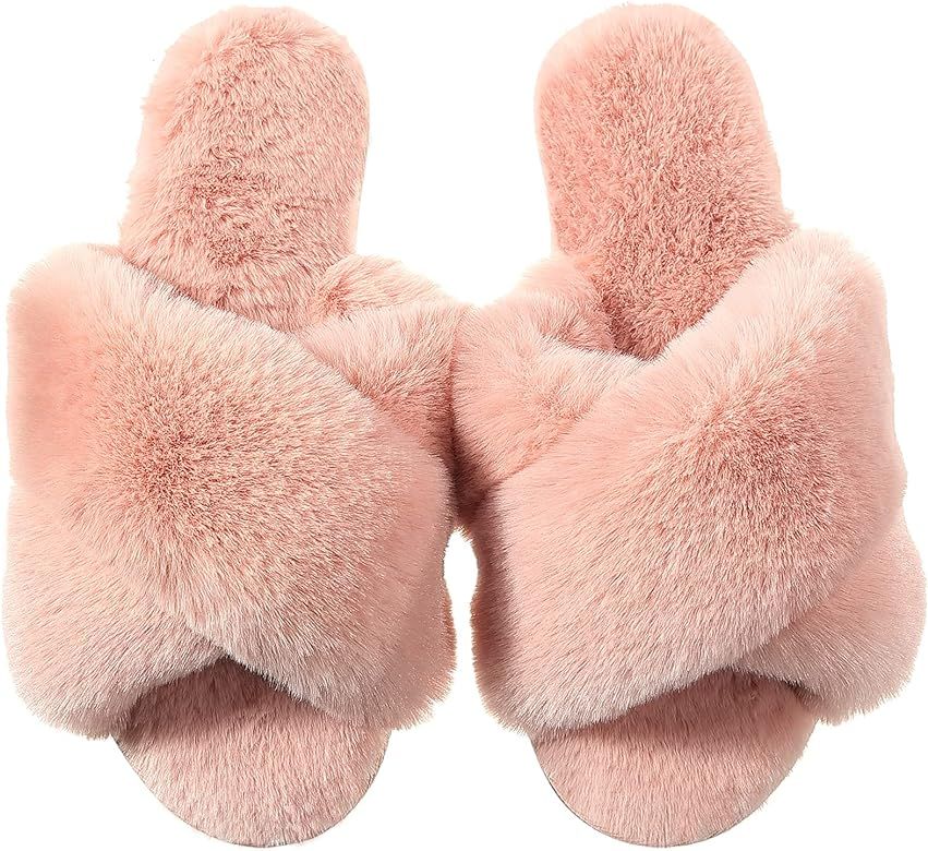 Amazon.com | House Slippers for Women, Soft Plush Fluffy Furry Fuzzy Memory Foam Slippers Criss C... | Amazon (US)