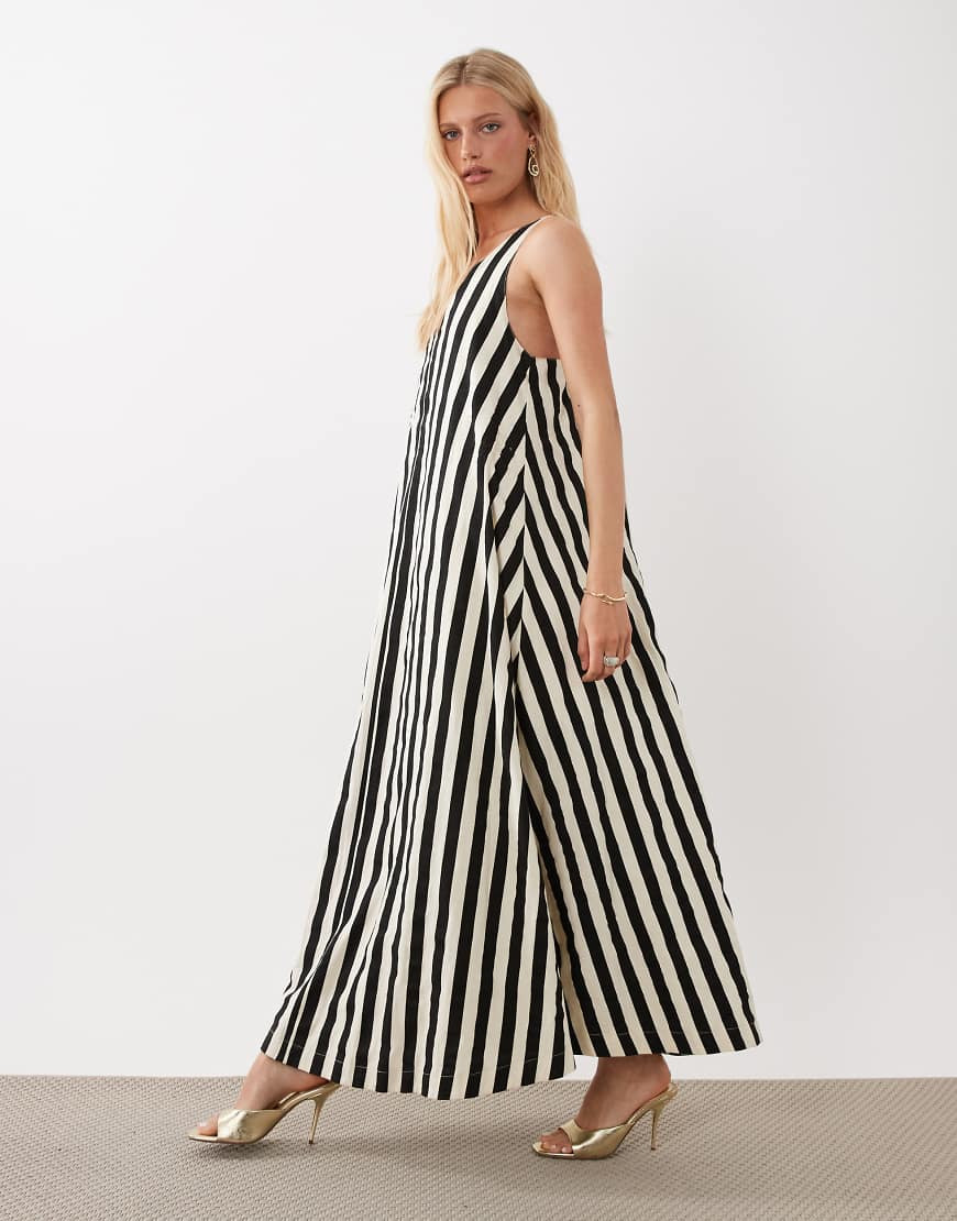 4th & Reckless cotton twist back detail trapeze maxi dress in brown & white stripe-Multi | ASOS (Global)
