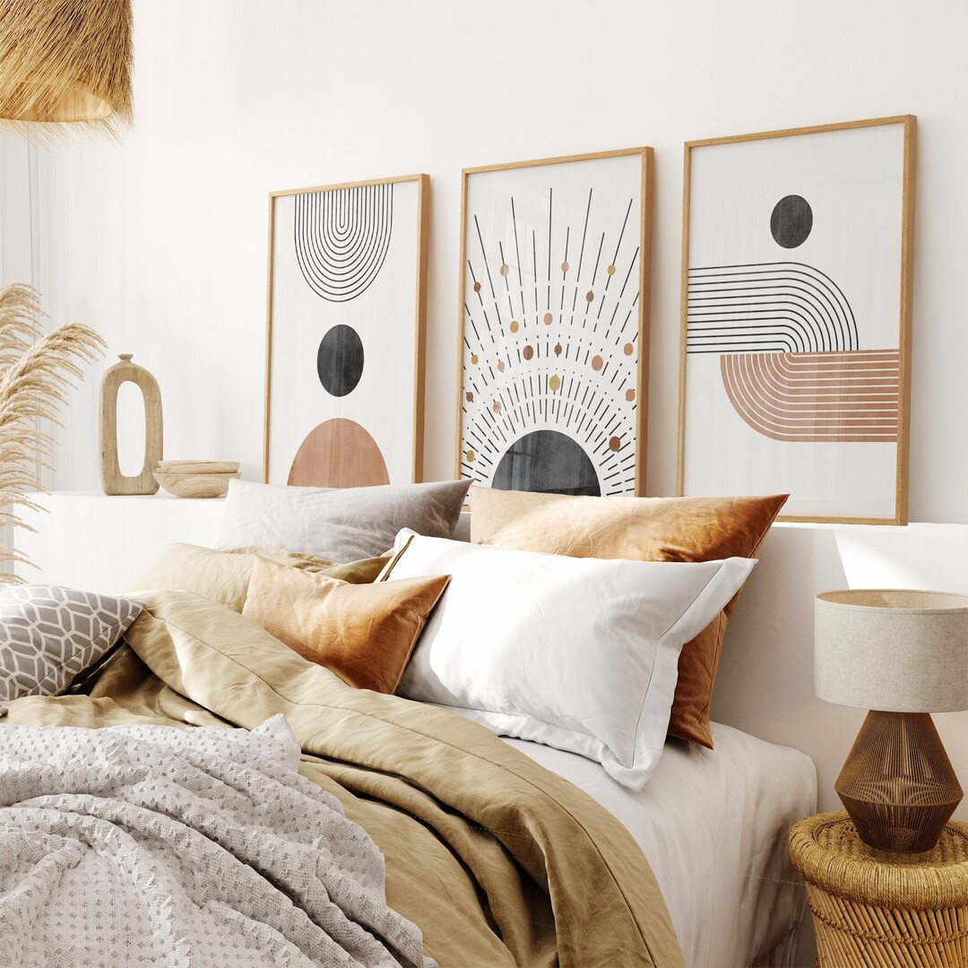Mid Century Modern Set of 3 Wall Art, Geometric Neutral Brown Beige Living Room Decor, Trendy Pos... | Etsy (US)