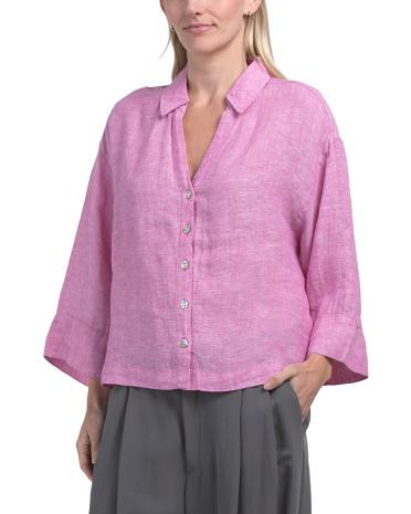Linen Three-quarter Wide Sleeve Popover Top | TJ Maxx