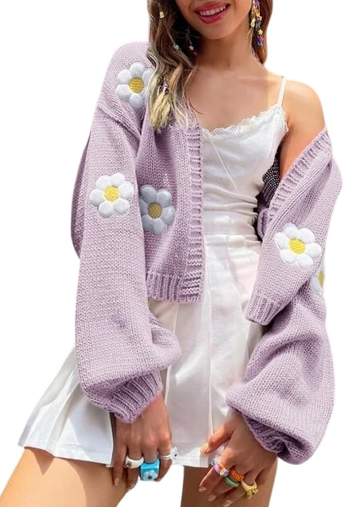 Arssm Y2K Womens Flower Cardigan Sweater Long Sleeve Knit Cropped Cardigan Open Front Cute Shrug ... | Amazon (US)