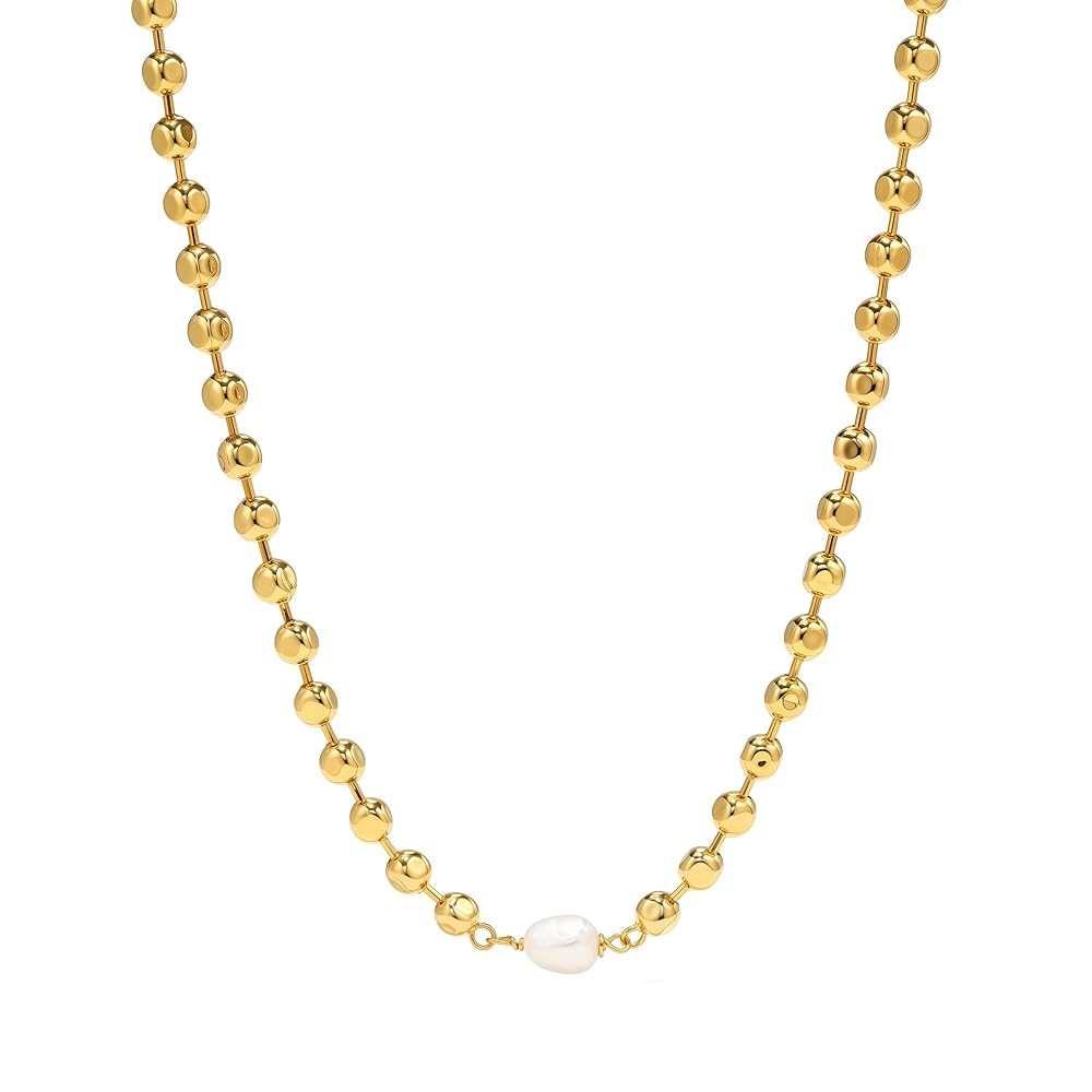 Gold Ball Chain Necklace for Women, 18K Gold Plated Dainty Gold Beaded Freshwater Pearl Pendant N... | Amazon (US)