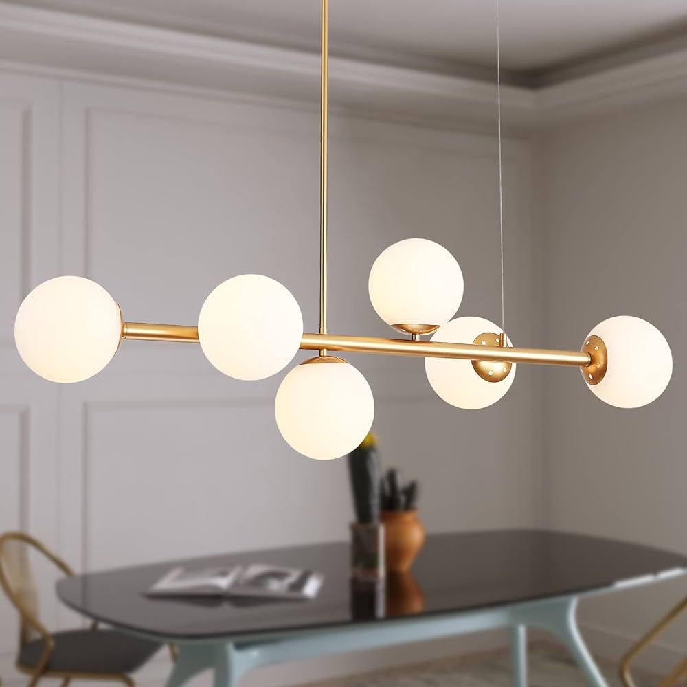 MEIXISUE Gold Modern Chandelier Island Light Fixtures,6-Lights Milk Glass Globes Linear Hanging P... | Amazon (US)