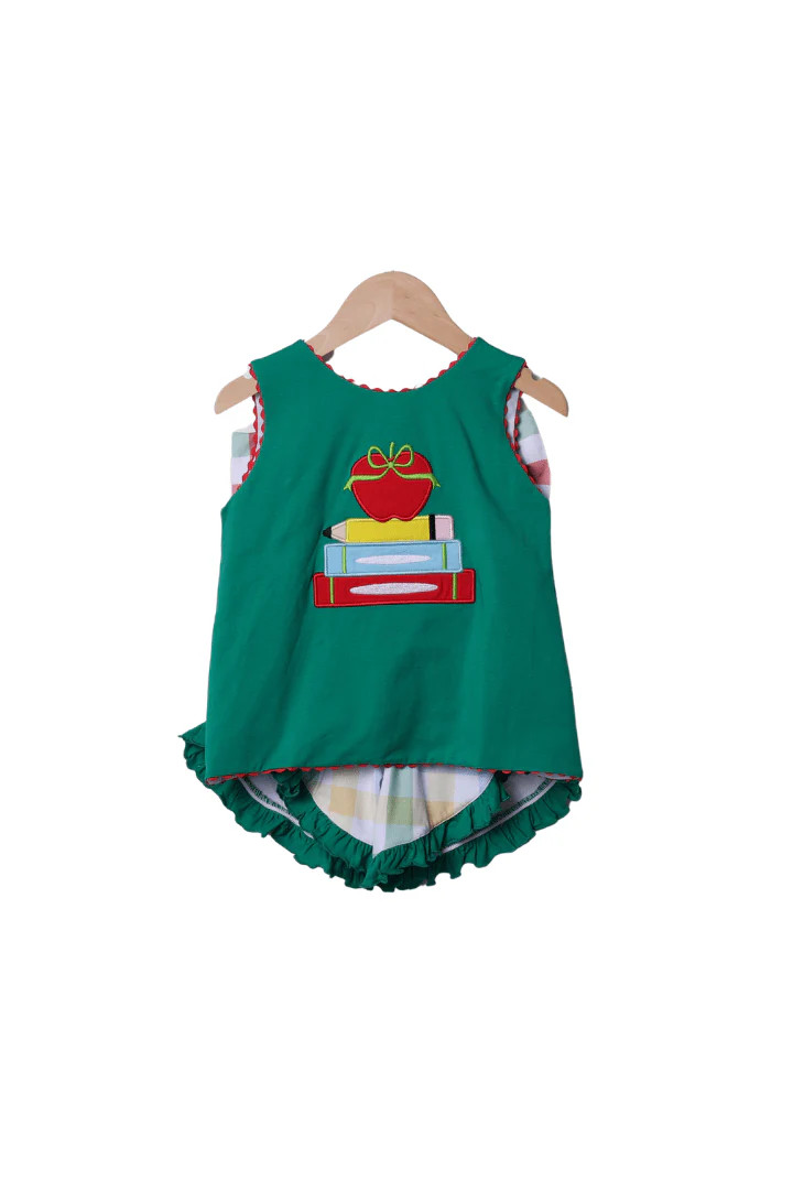 Applique Apple Back to School Plaid Ruffle Short Set | The Smocked Flamingo