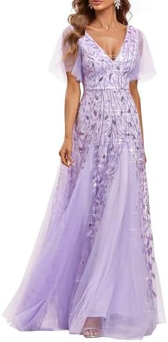 Ever-Pretty Women's Sequin Sparkly V-Neck Short Sleeve A-Line Floor Length Formal Evening Dress | Amazon (US)