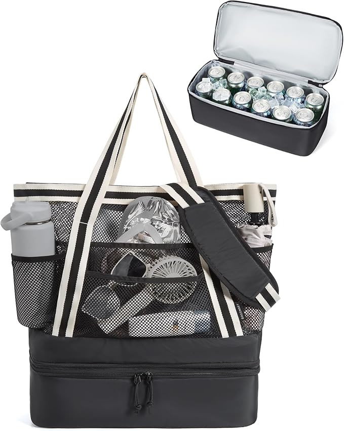 BAGSMART Beach Bag for Women, Mesh Tote Bags with Zipper, Sandproof Vacation Essentials with Cool... | Amazon (US)