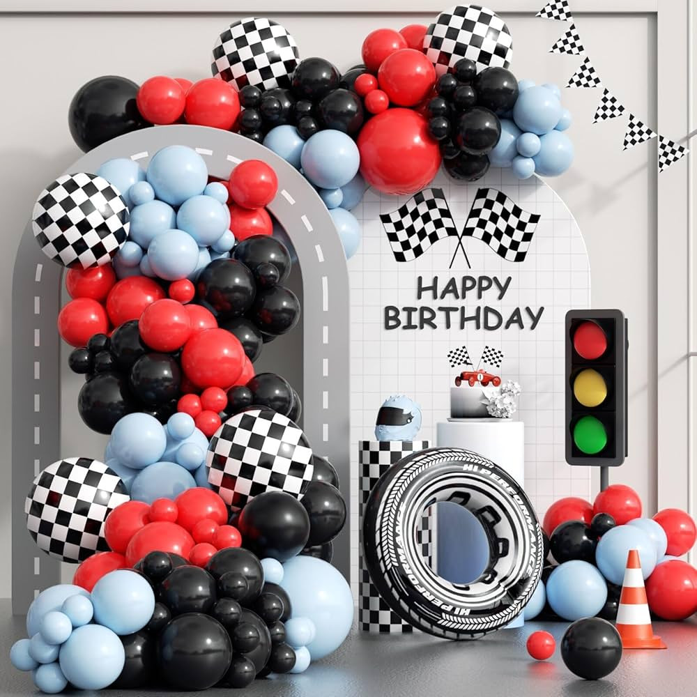 132pcs Race Car Balloons Arch Garland Kit, 18 12 10 5Inch Red Blue Black Checkered Wheel Tire Bal... | Amazon (US)