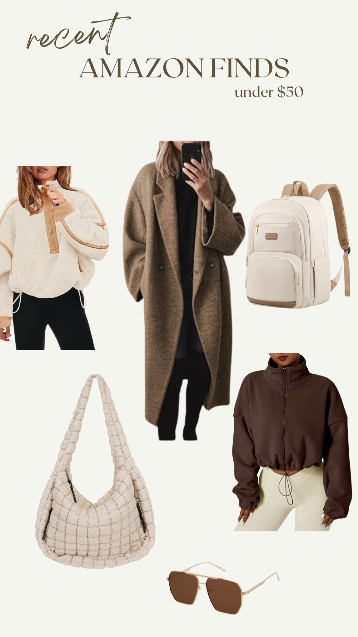 Neutral recent Amazon finds under $60!! The quilted bag looks just like the free people one. And the brown zip up has been out of stock forever. Now comes in a ton of colors! 

#LTKMostLoved #LTKTravel #LTKFitness