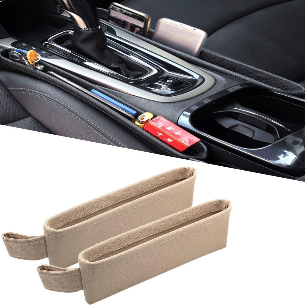 Tumecos Car Seat Pockets PU Leather Car Console Side Organizer Seat Catcher Holders Compatible with Phone Key Wallet Phone Sunglasses 2 Pack (Beige) | Amazon (US)