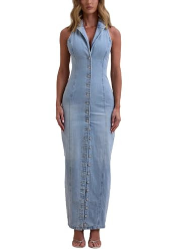 Unybwonn Denim Dress for Women Sexy V Neck Sleeveless Bodycon Jean Maxi Dresses Button Down Casual A-Line Long Dress Blue | Amazon (US)
