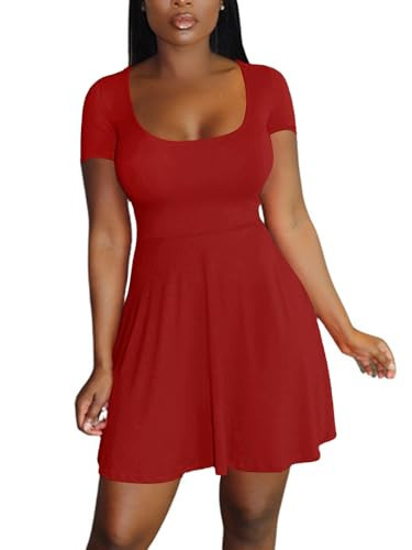 LYANER Women's Scoop Neck Short Sleeve Ruffle Hem A Line Flare Mini Basic Dress Red Large | Amazon (US)