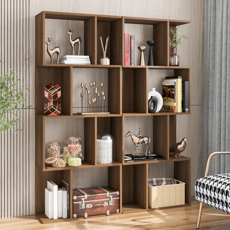 Hoffree Geometric 4 Tier Bookcase Modern S-Shaped Z-Shaped Wooden Bookshelf Multifunctional Frees... | Walmart (US)