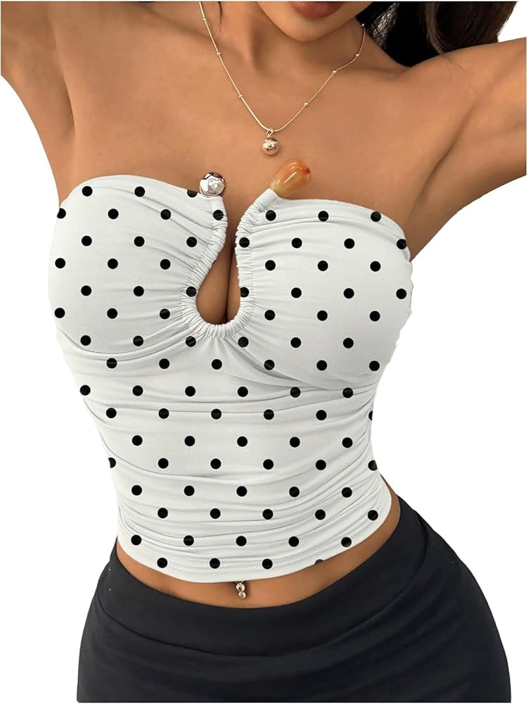 SweatyRocks Women's Ruched Ring Linked Polka Dots Strapless Tube Going Out Crop Tank Top | Amazon (US)